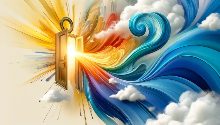 Illustration of door unlocking, emitting a bright light that transforms into colorful waves.