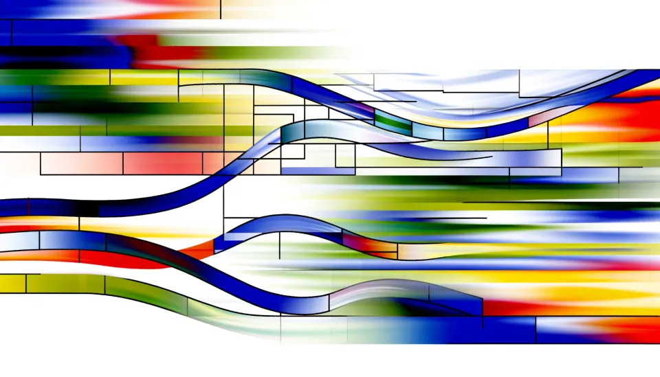 Art of a grid of blocks being overtaken by flowing lines, representing the modernization of education.